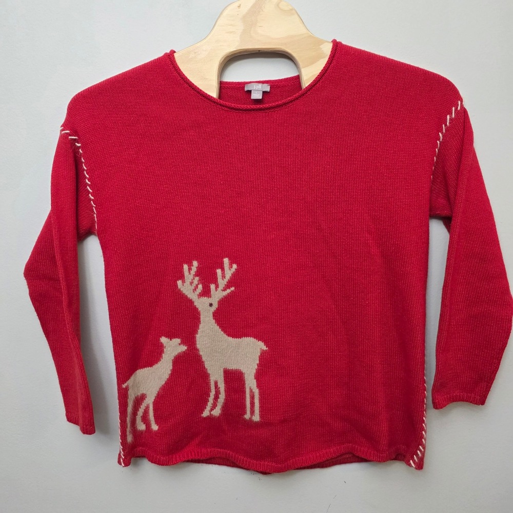 J. Jill Reindeer Sweater Women Large Red Holiday Cotton Angora Whipstitch Cozy